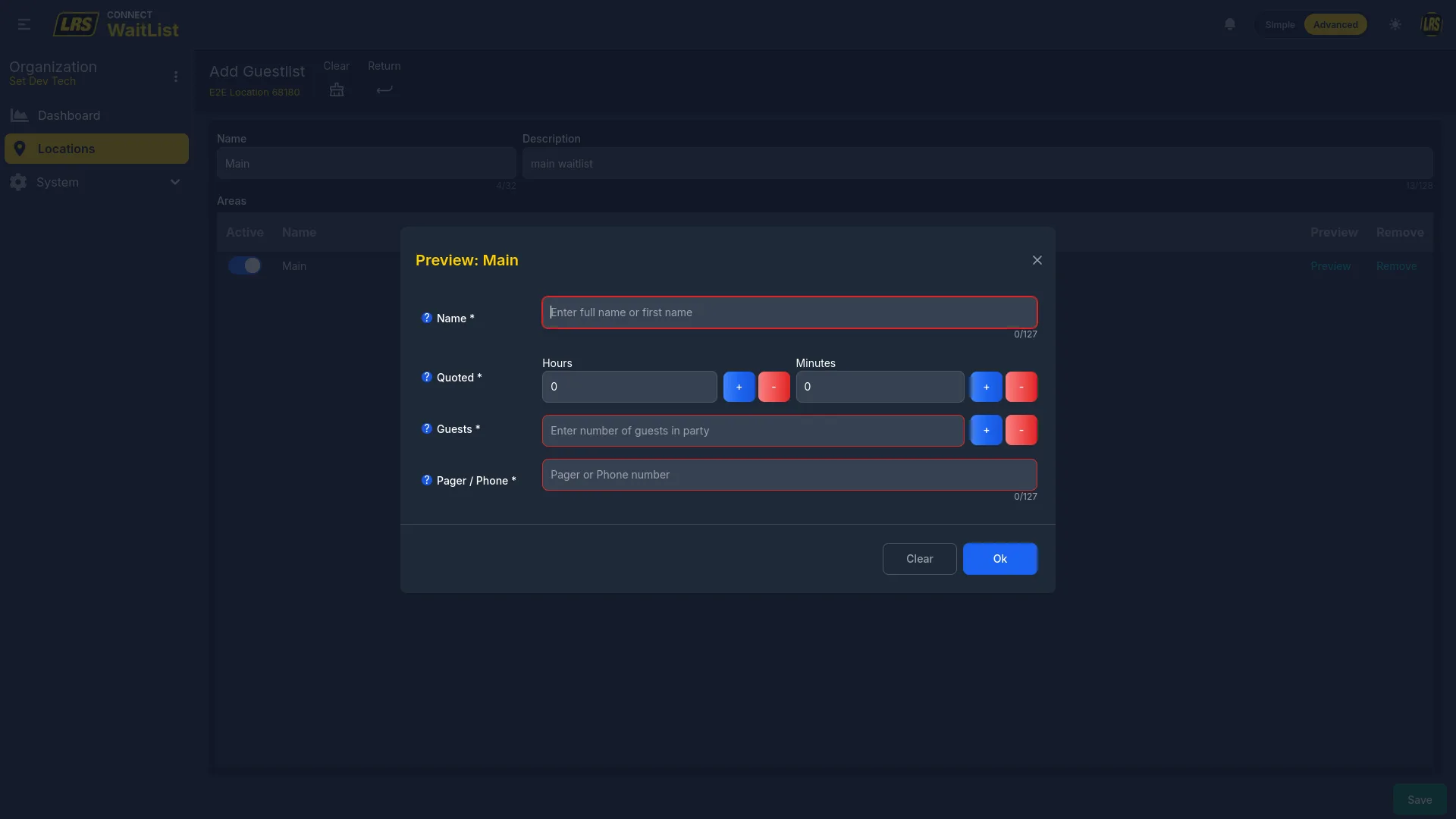 Preview Main modal showing Name, Quoted time hours and minutes, Guests count, and Pager/Phone fields