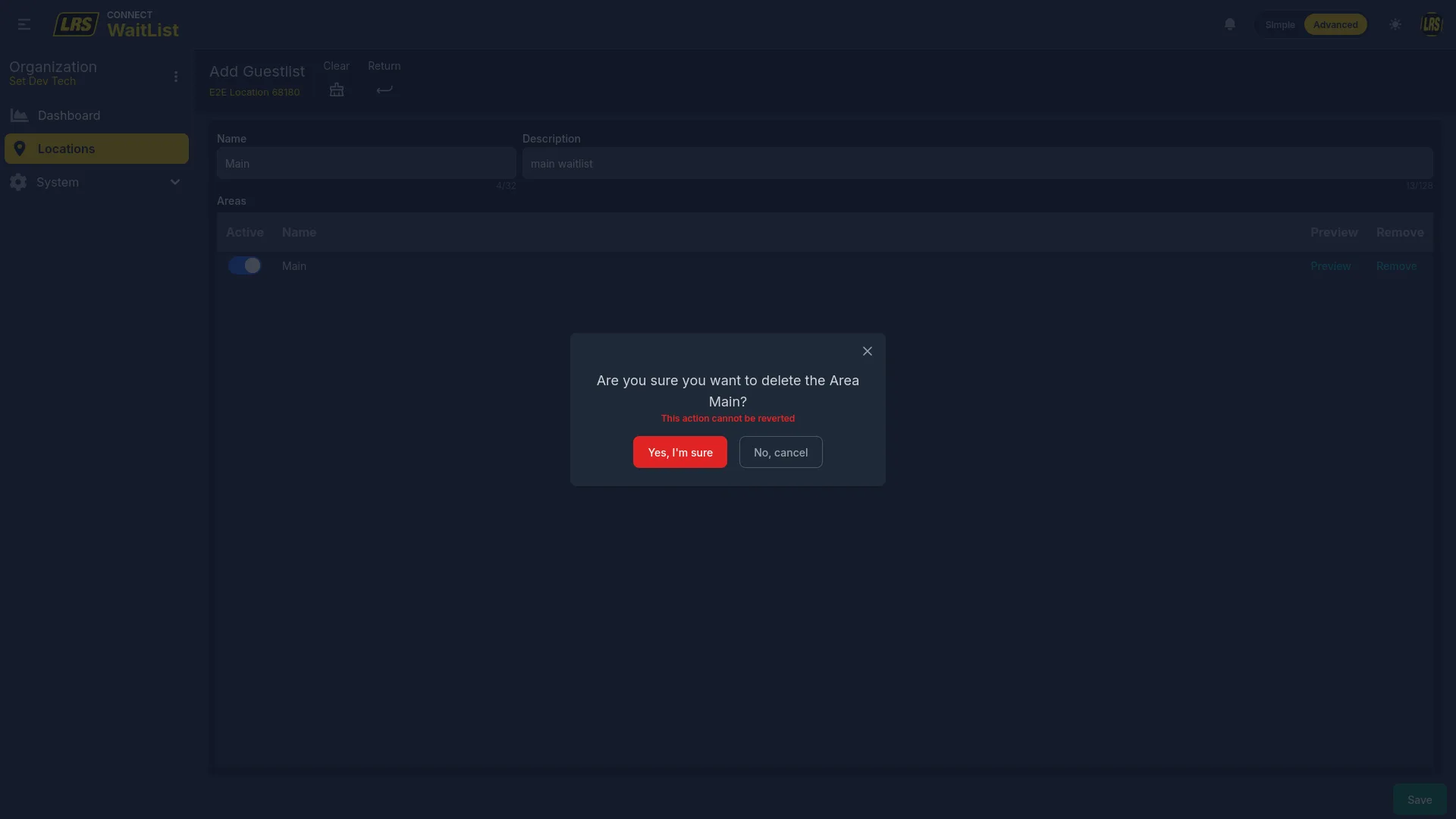 Confirmation modal: Are you sure you want to delete the Area Main?