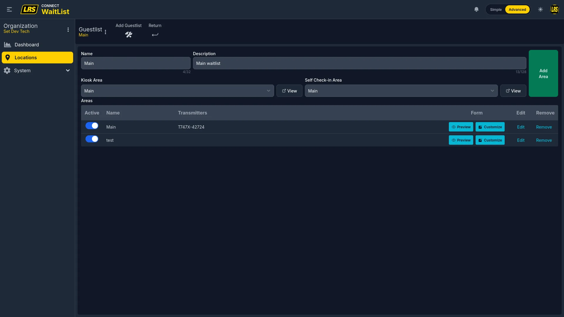 Guestlist detail with Kiosk Area and Self Check-in Area dropdowns and areas table with Transmitters, Form Preview, Customize, Edit, Remove