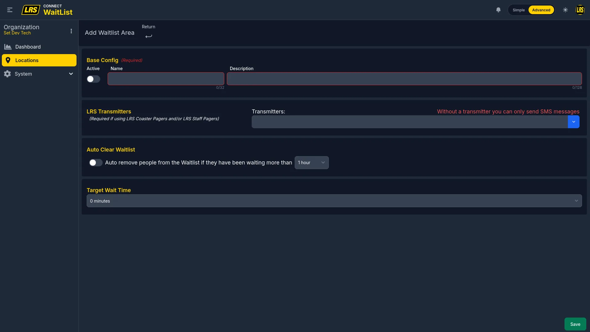 Add Waitlist Area form with Base Config, LRS Transmitters picker, Auto Clear Waitlist toggle at 1 hour, and Target Wait Time