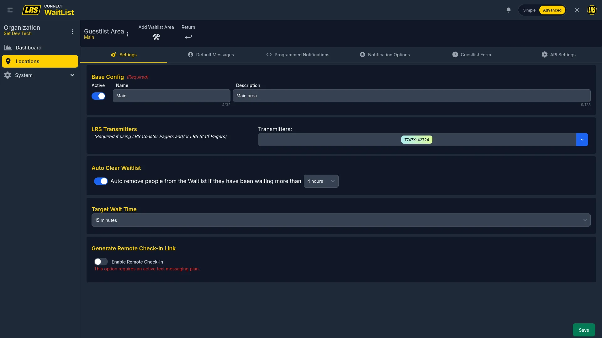 Area Settings tab showing all 6 tabs, transmitter linked, Auto Clear 4h, Target Wait Time 15m, and Generate Remote Check-in Link section with Enable Remote Check-in toggle and a note that the option requires an active text messaging plan