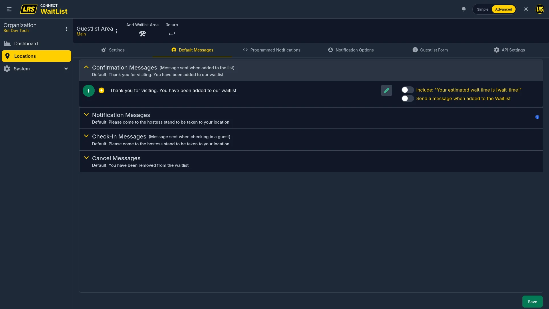 Default Messages tab with Confirmation, Notification, Check-in, and Cancel message sections