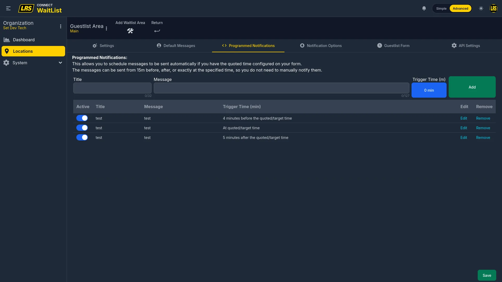 Programmed Notifications tab with Title, Message, Trigger Time and a list showing 4 minutes before, At quoted time, and 5 minutes after