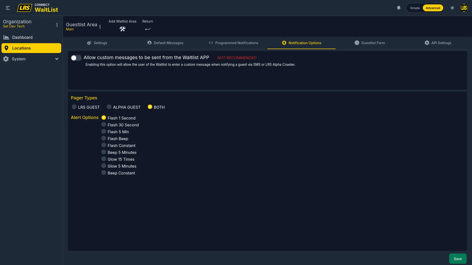 Notification Options tab with custom messages toggle, Pager Types (LRS GUEST / ALPHA GUEST / BOTH), and Alert Options radio list