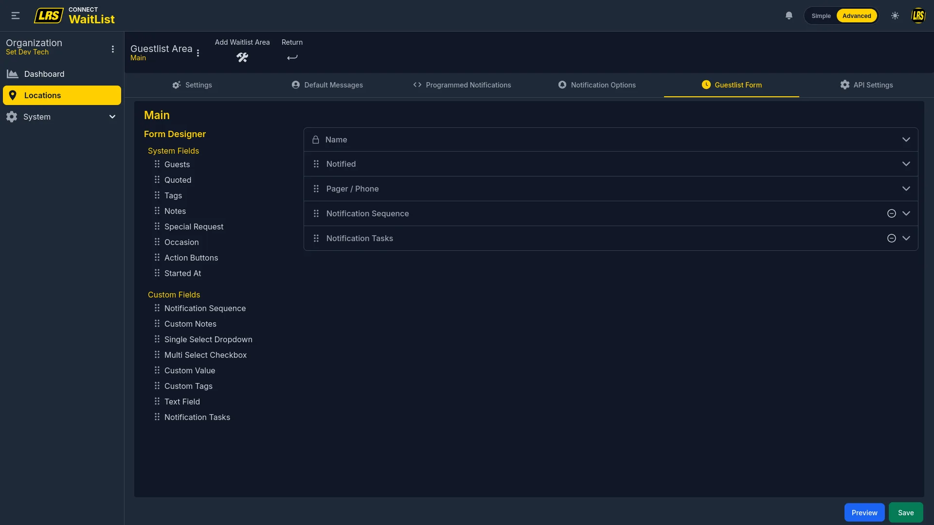 Guestlist Form tab showing the full field palette on the left and active field stack on the right