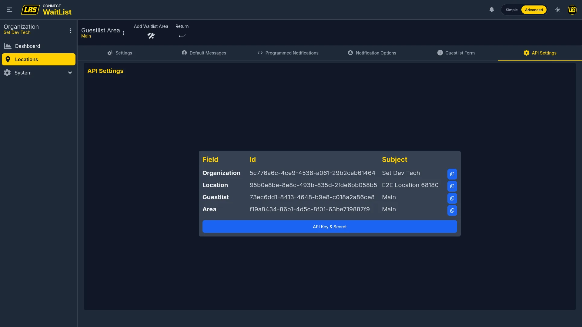 API Settings tab showing Organization, Location, Guestlist, and Area UUID blocks with copy buttons and an API Key and Secret button