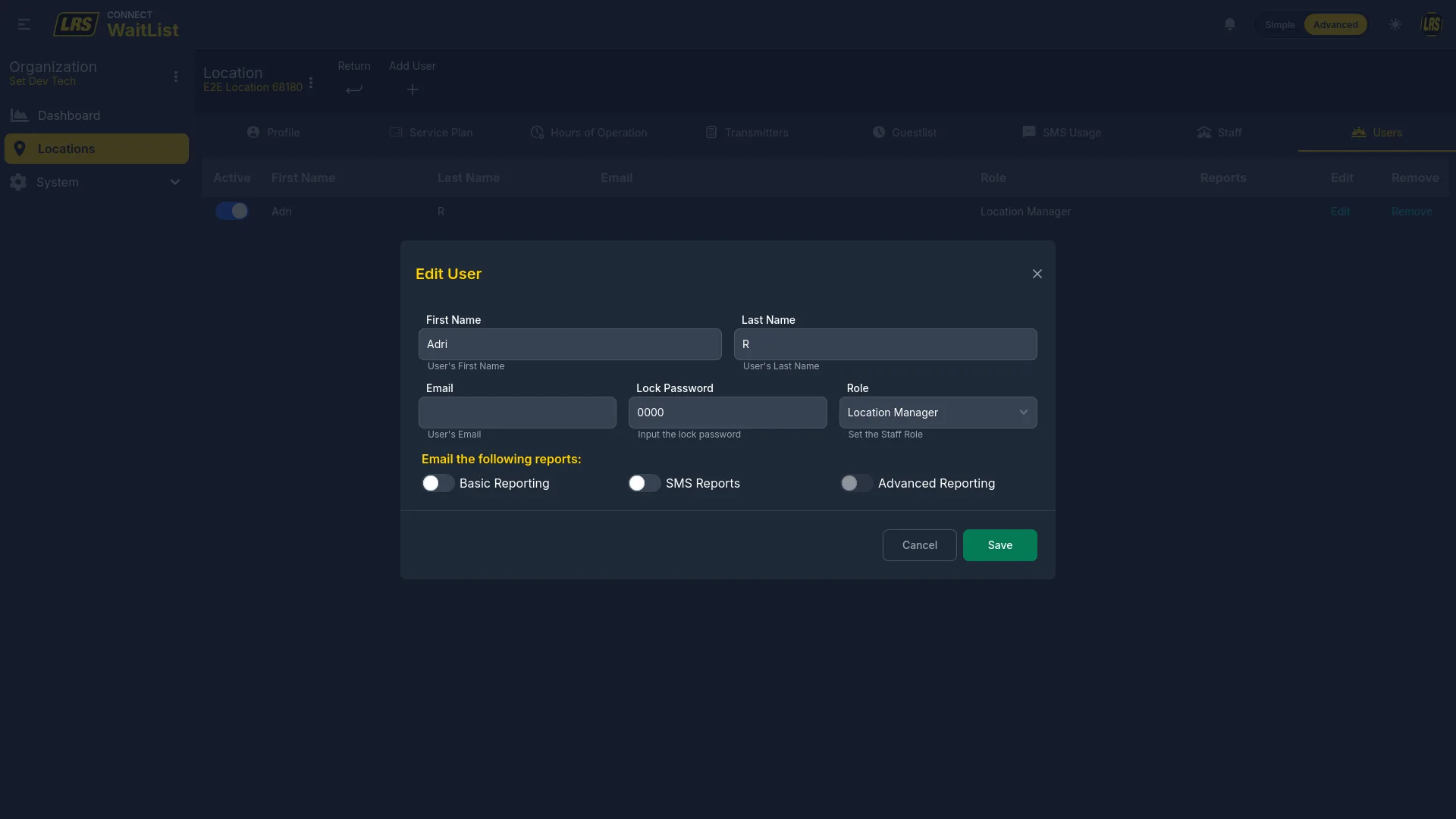 Edit User modal with Role dropdown set to Location Manager and Basic, SMS, Advanced report toggles