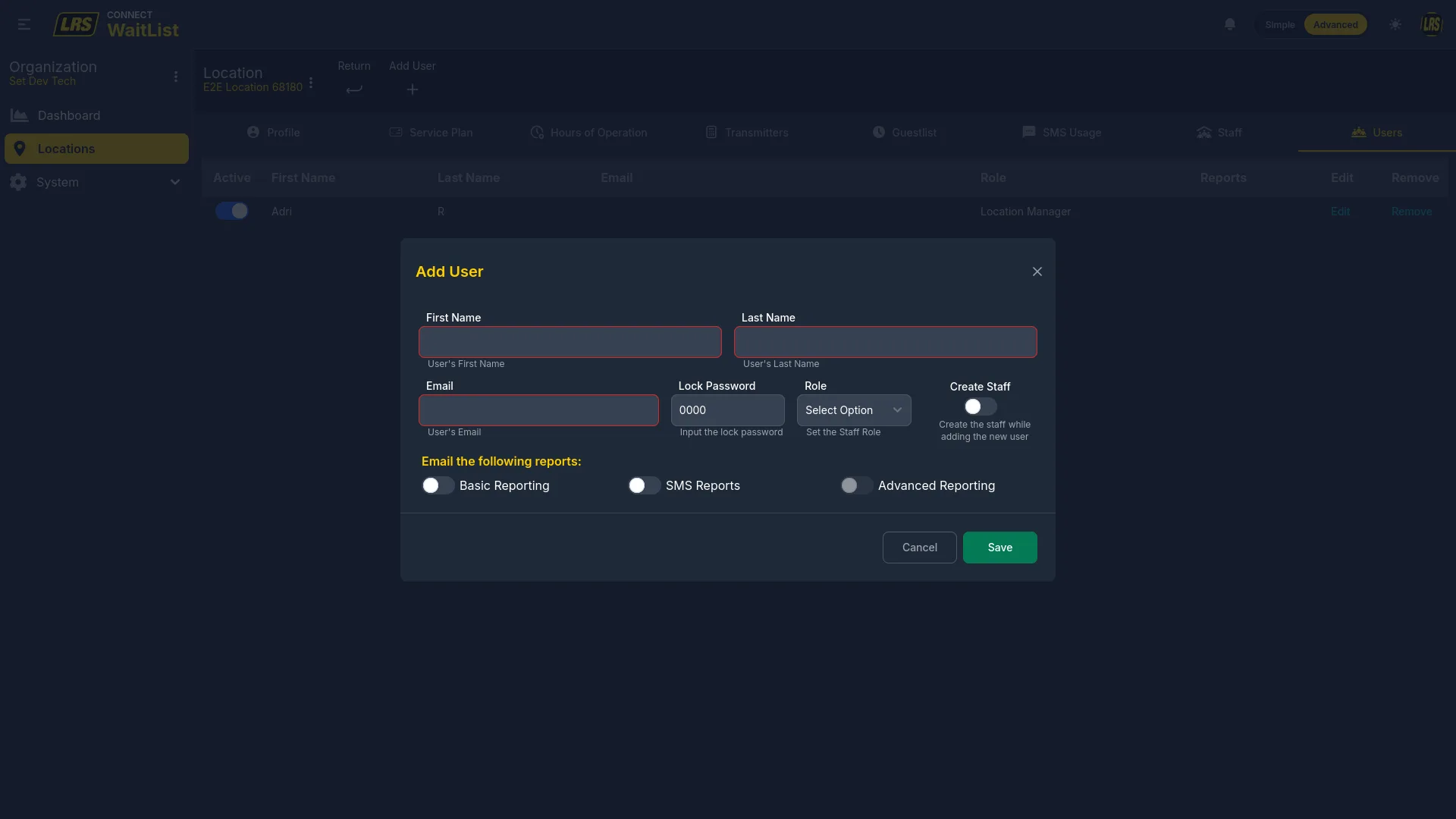 Add User modal with First Name, Last Name, Email, Lock Password, Role selector, Create Staff toggle, and report toggles