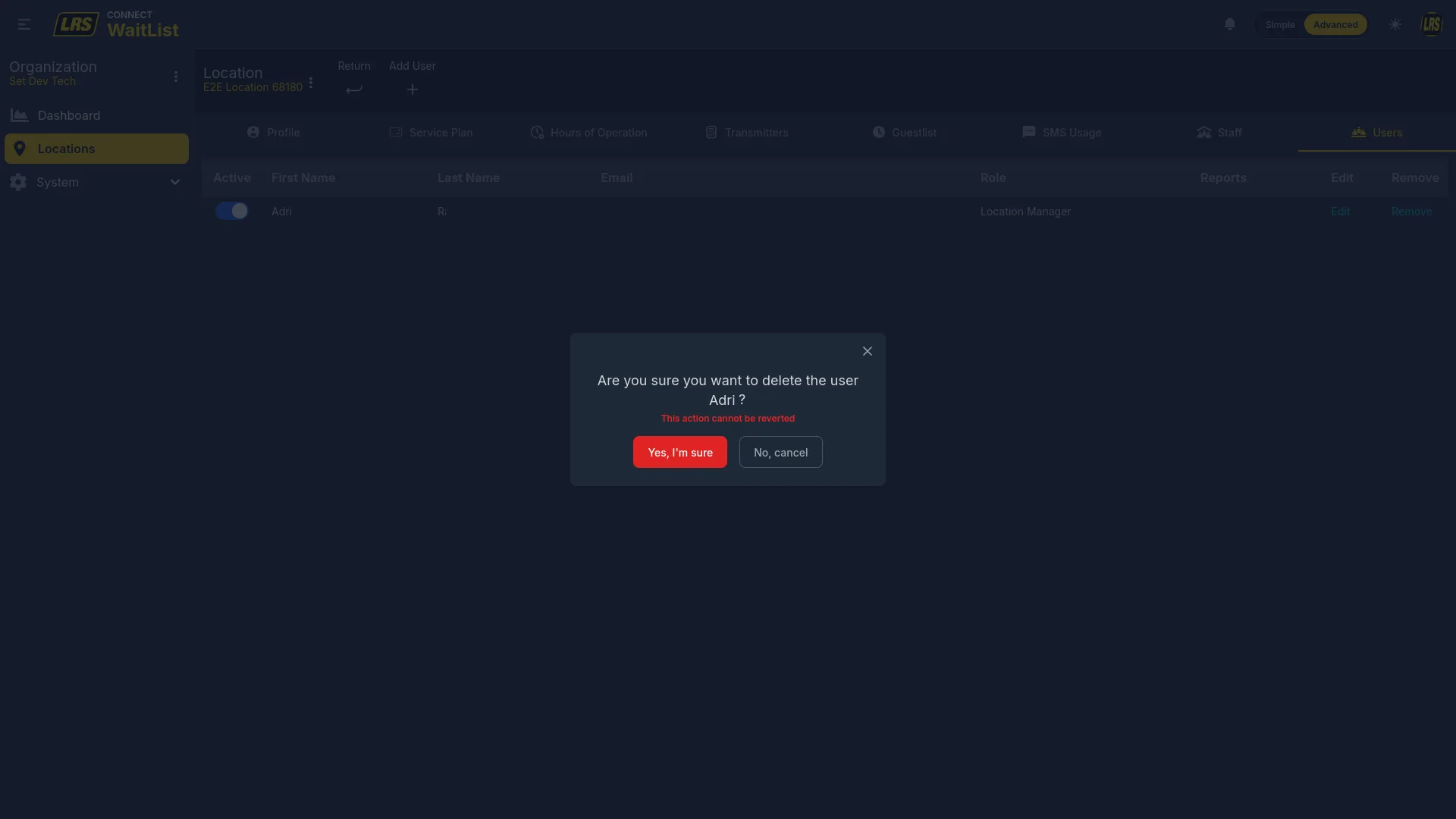 Remove user from location confirmation modal
