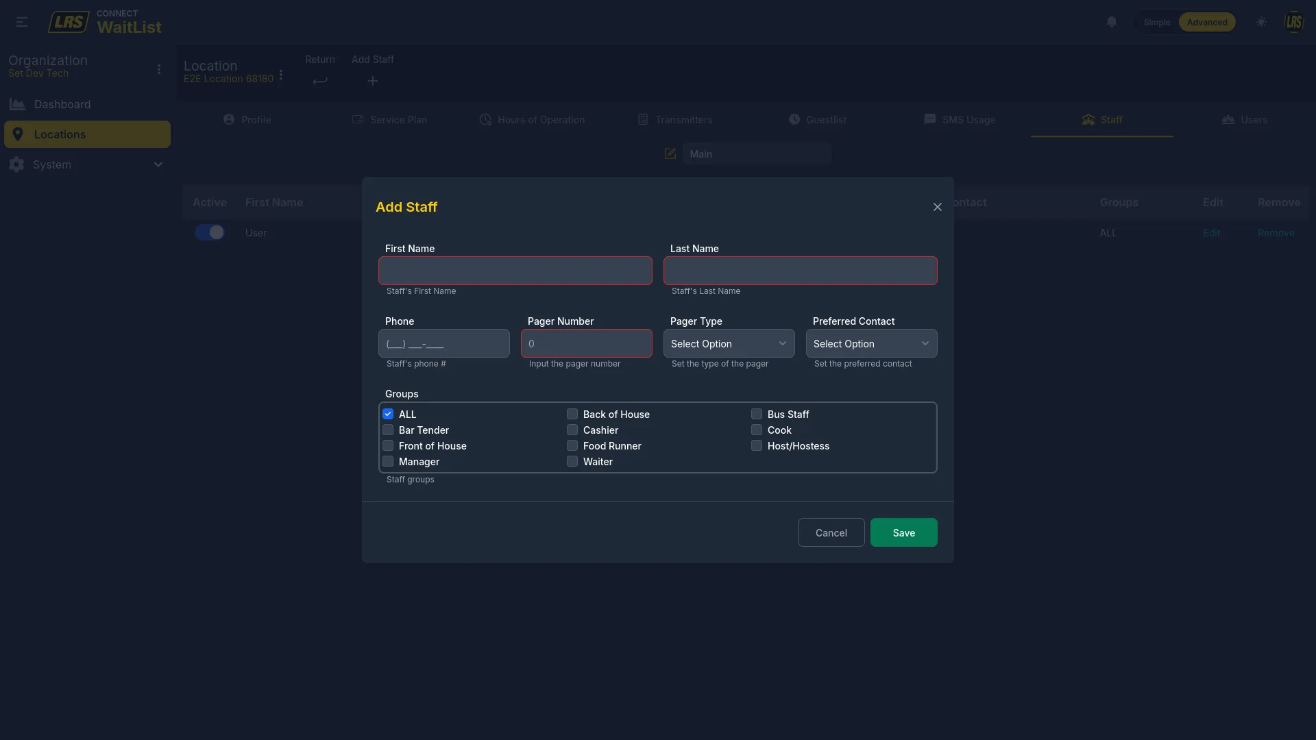 Add Staff modal with First Name, Last Name, Phone, Pager Number, Pager Type, Preferred Contact, and Groups checkboxes
