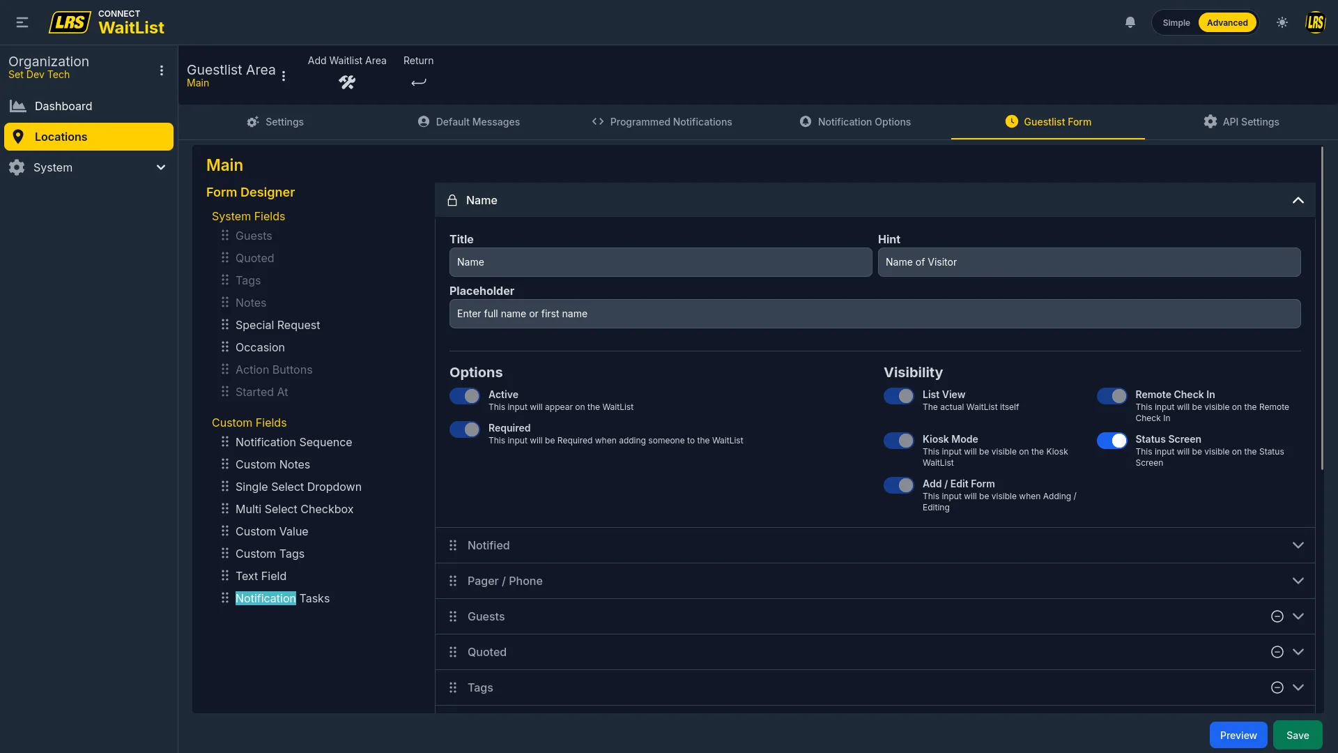 Name field expanded with Options and Visibility controls