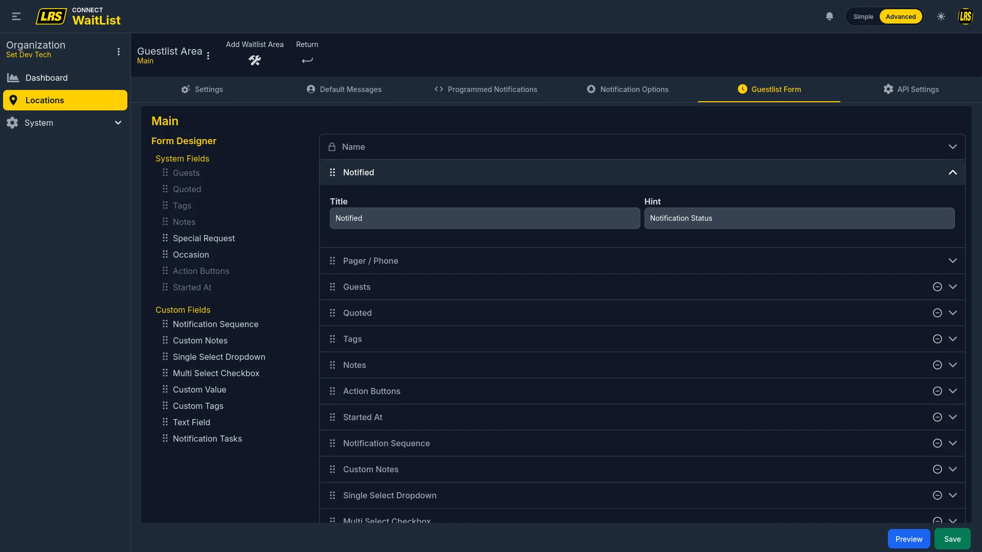 Notified field expanded showing Title and Hint fields