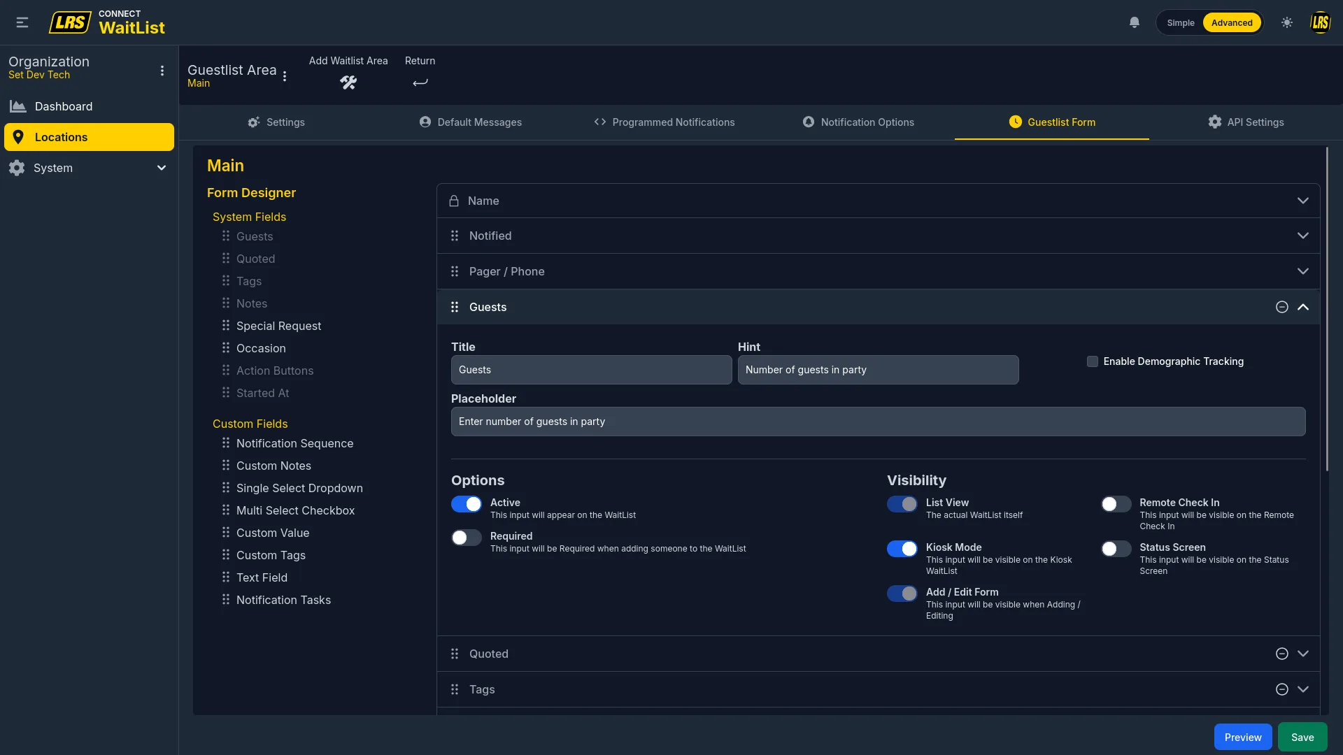 Guests field with Enable Demographic Tracking toggle and full visibility options