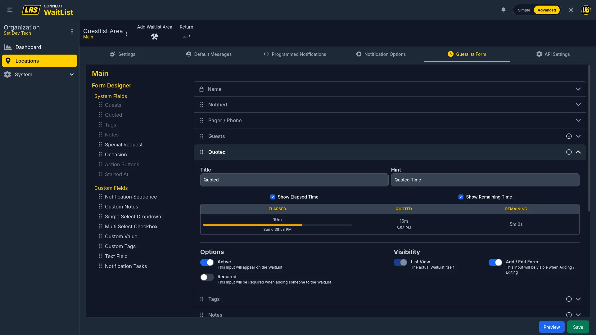 Quoted field with Show Elapsed Time and Show Remaining Time toggles and a live time bar preview