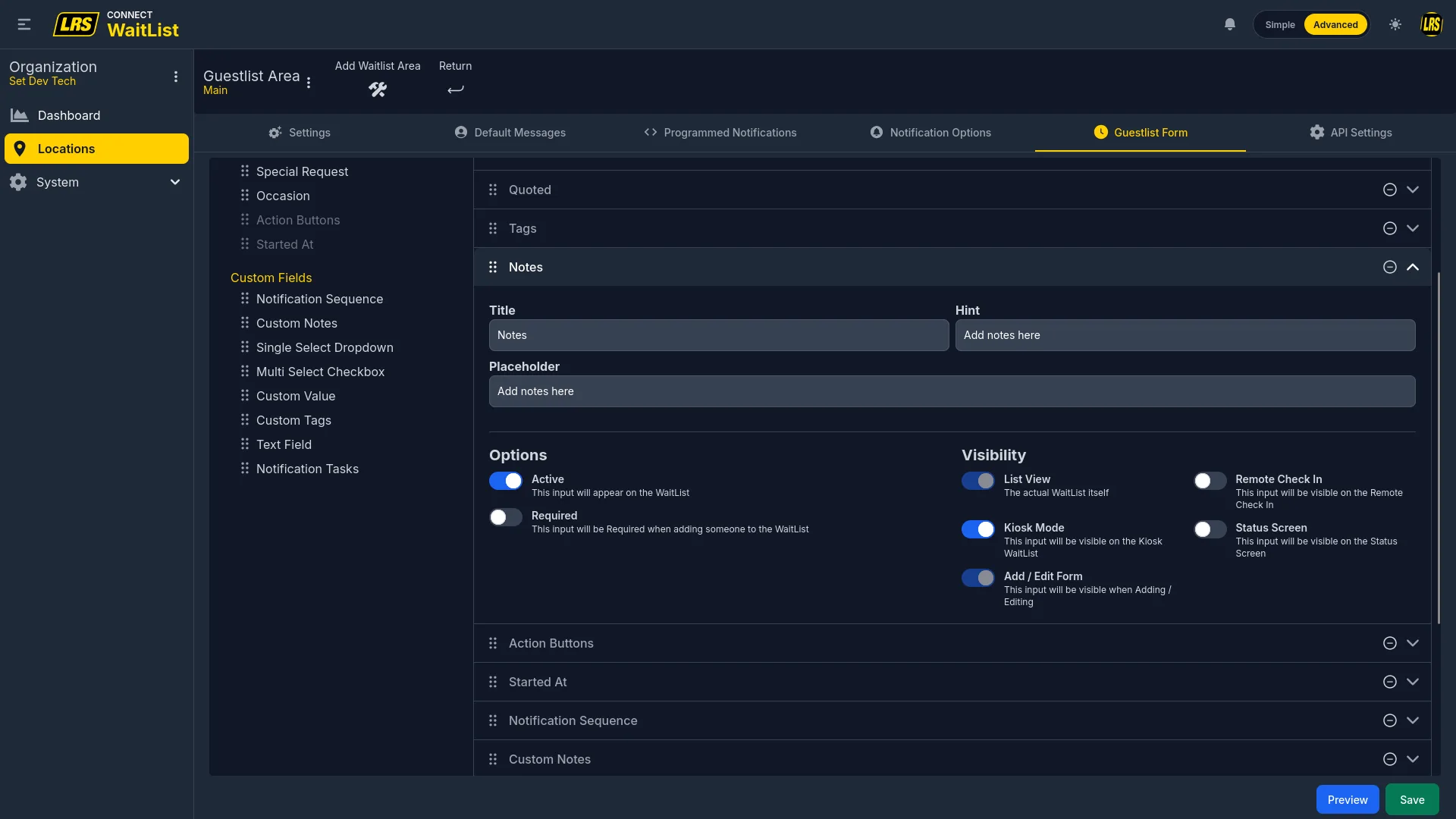 Notes field with Title, Hint, Placeholder, and Options / Visibility configuration