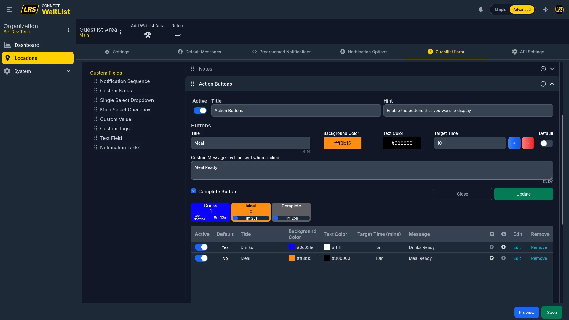Action Buttons configured for two timed workflow steps with a countdown preview
