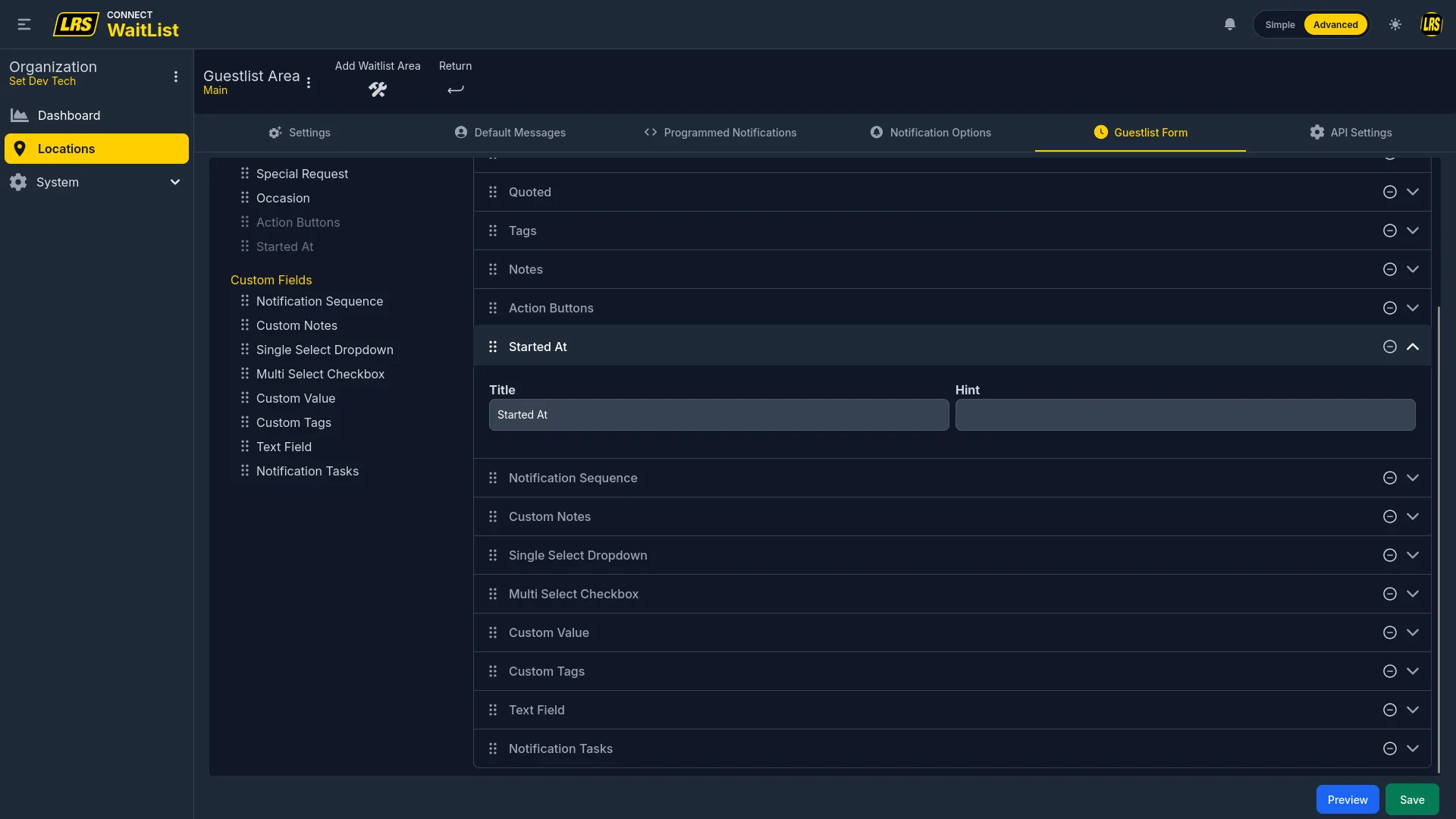 Started At field expanded showing Title only, below it the full list of custom fields in the palette