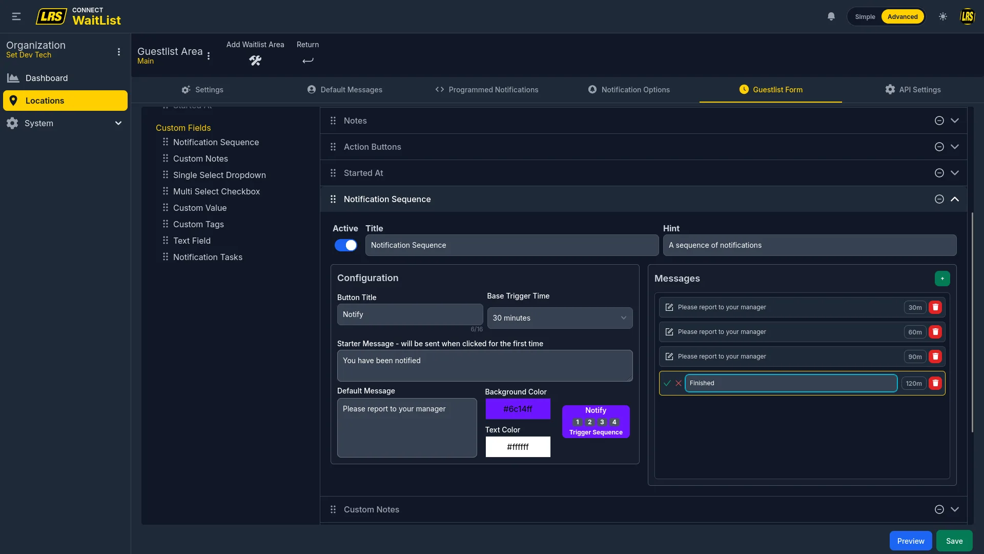 Notification Sequence field with Button Title, Starter Message, Default Message, and a Messages list with timed entries at 30m, 60m, 90m, 120m