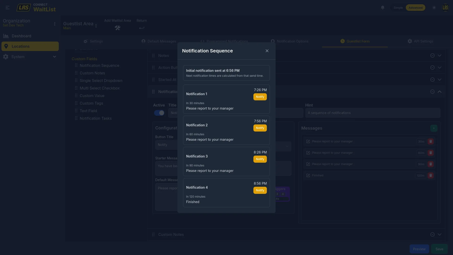 Notification Sequence preview modal showing 4 timed notifications at 7:26 PM, 7:56 PM, 8:26 PM, and 8:56 PM each with a Notify button