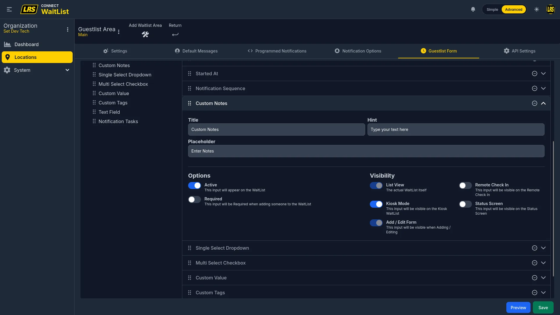 Custom Notes field with Title, Hint, and Placeholder inputs and Options / Visibility toggles