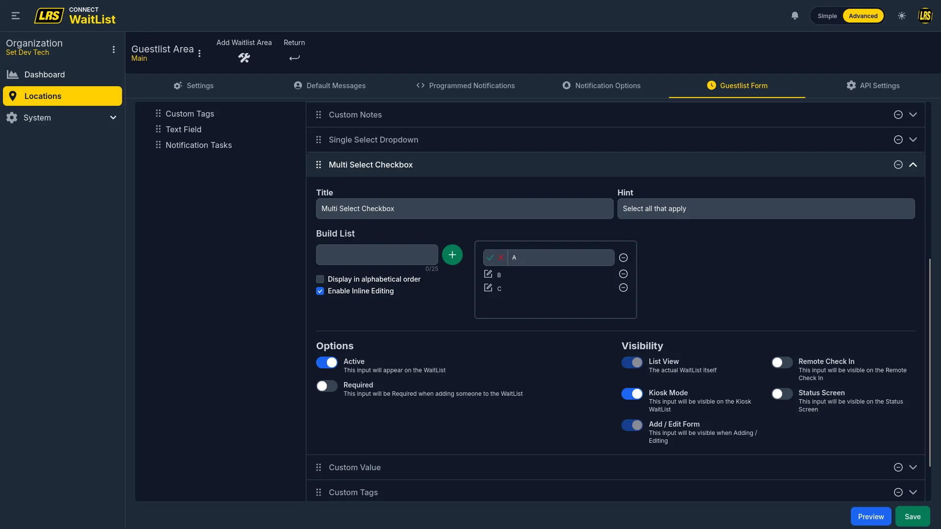 Multi Select Checkbox with Build List showing A, B, C options with delete controls