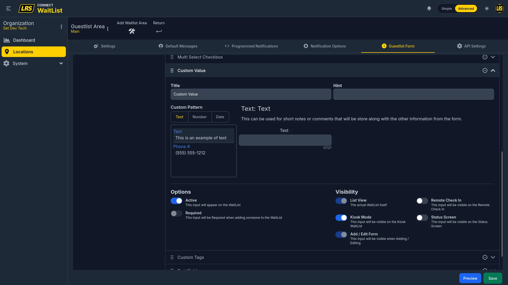 Custom Value field with Text pattern and sub-pattern picker showing Text and Phone # options