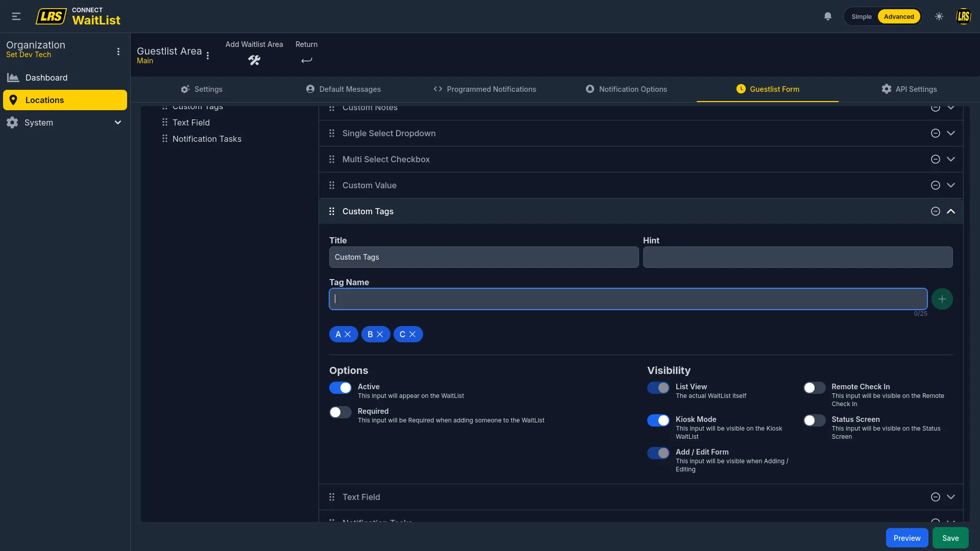 Custom Tags field with Tag Name input and existing tags A, B, C as removable chips