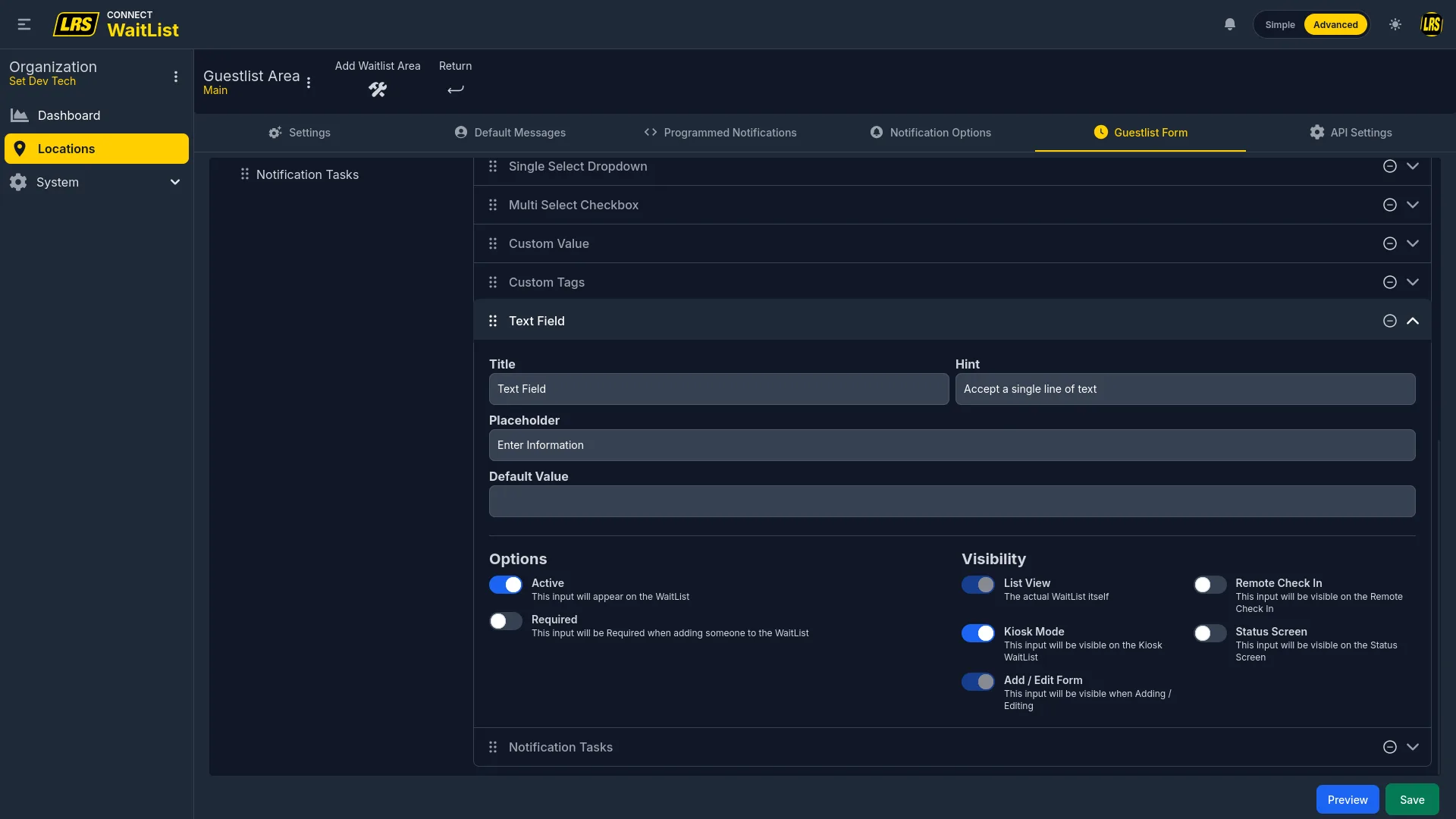Form designer right panel with the Text Field expanded among the active custom fields