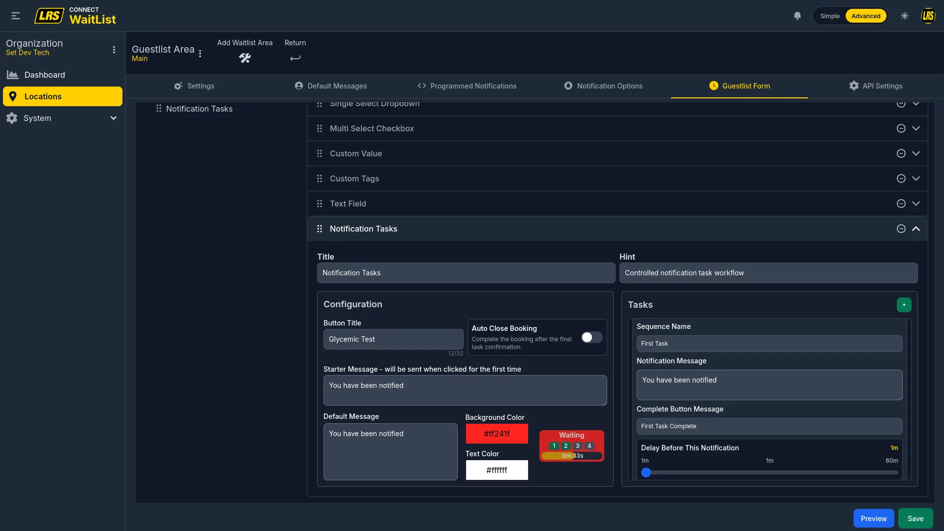 Notification Tasks field with Button Title Glycemic Test, Auto Close Booking toggle, Starter Message, Default Message, and a Tasks panel with named tasks, delays, and completion messages