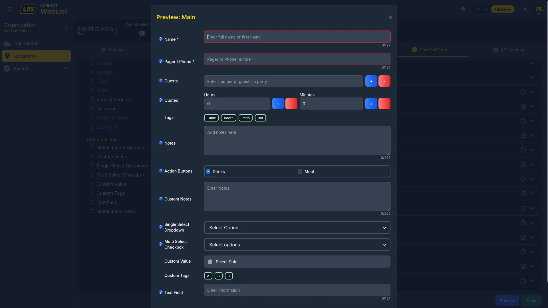 Preview Main modal showing all active fields: Name, Pager/Phone, Guests, Quoted, Tags, Notes, Action Buttons, Custom Notes, Single Select, Multi Select, Custom Value date, Custom Tags, Text Field