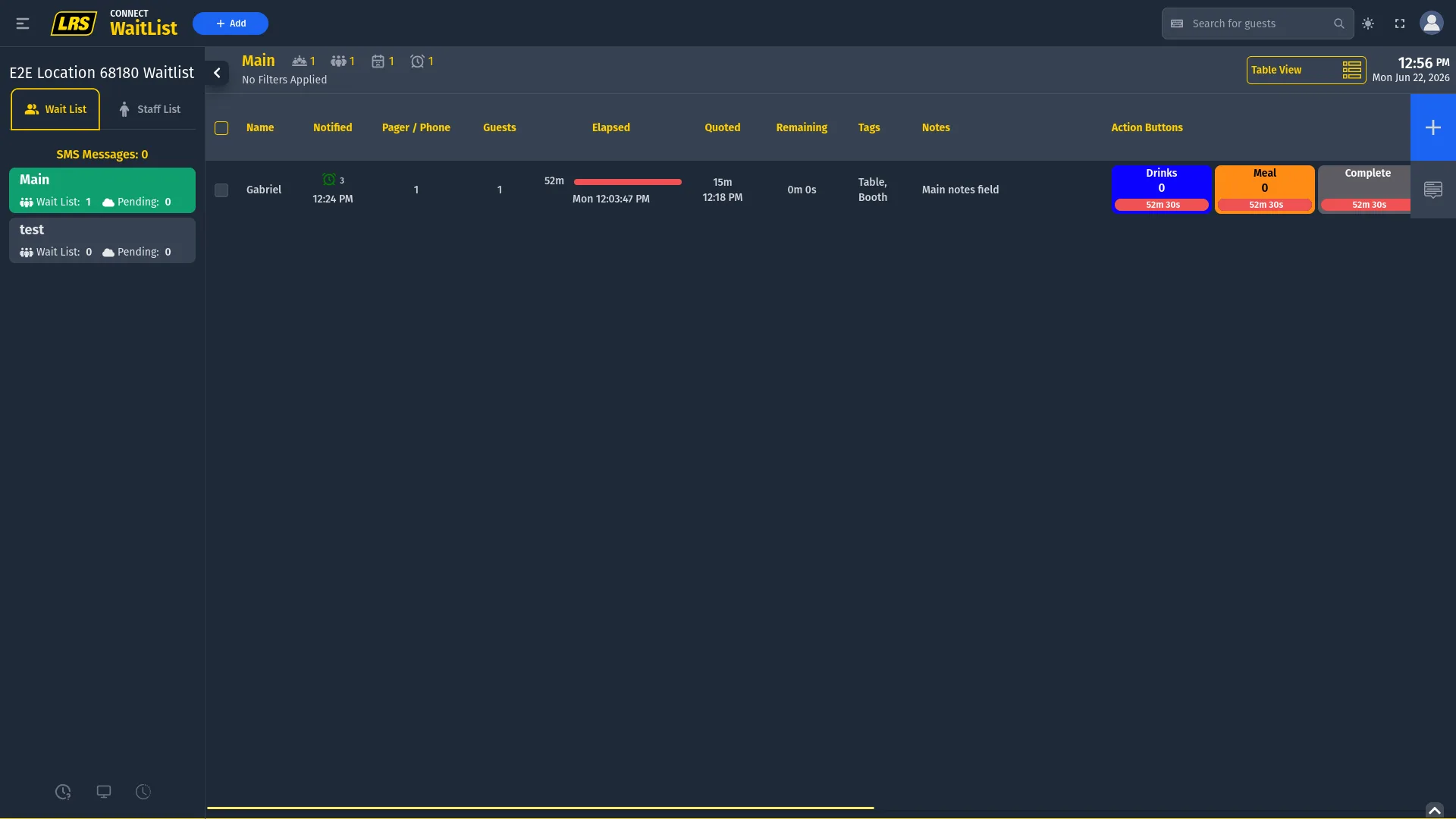 Live waitlist in table view with sidebar showing area counts and the active entry list with action columns