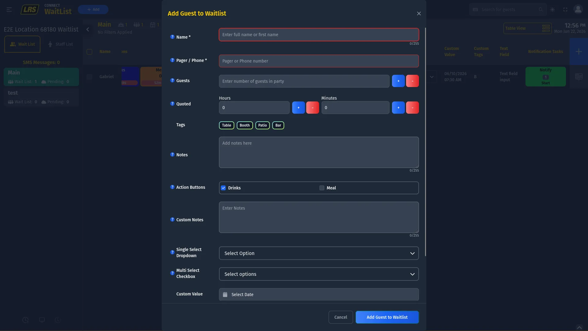 Add Guest to Waitlist modal showing Name and Pager/Phone required fields with red outlines, Guests with plus-minus controls, Quoted with Hours and Minutes, Tags chips, Notes textarea, Action Buttons checkboxes, Custom Notes, Single Select Dropdown, Multi Select Checkbox, and Custom Value date picker