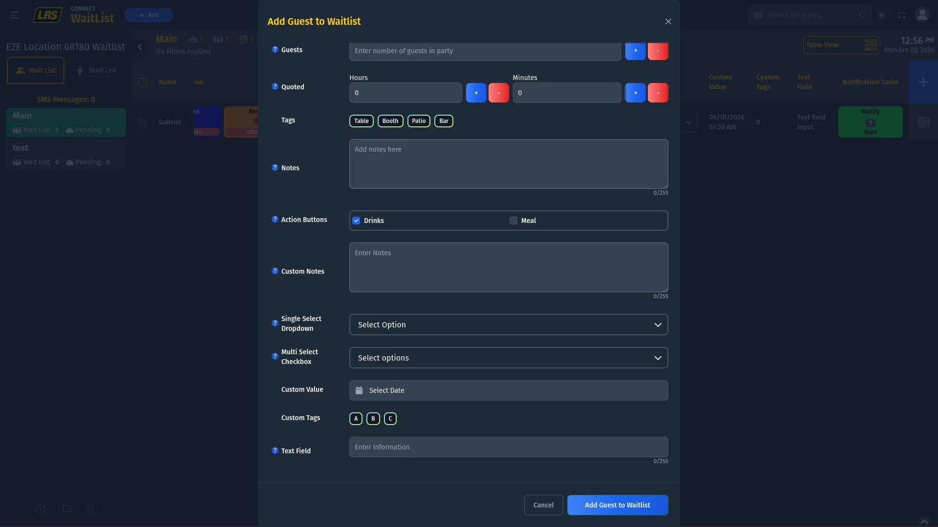 Add Guest modal scrolled down to reveal Custom Tags chips A B C, Text Field with placeholder Enter Information, Cancel button, and Add Guest to Waitlist blue button