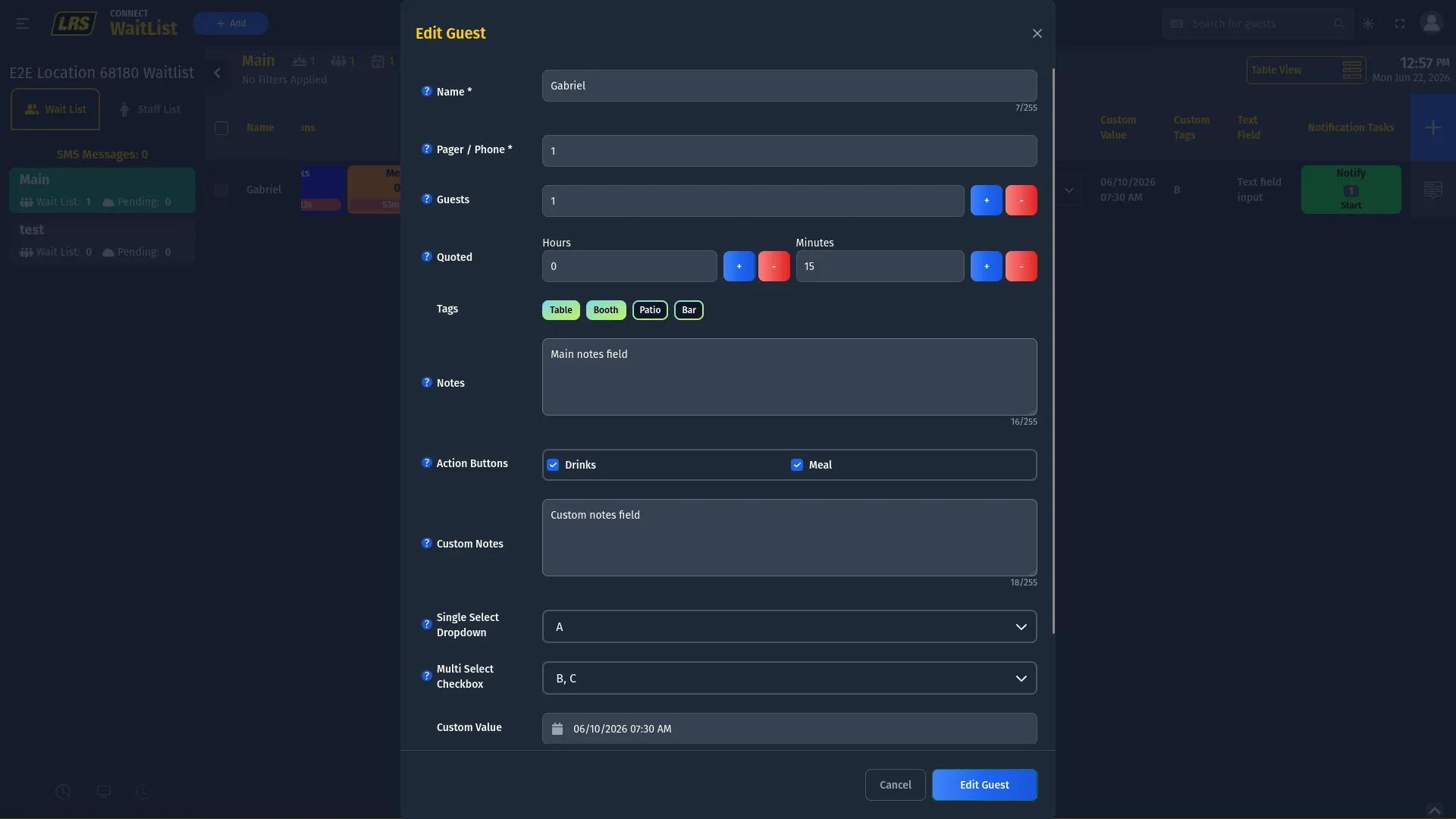 Edit Guest modal pre-filled with Gabriel's data showing Name Gabriel, Pager/Phone 1, Guests 1, Quoted 0 hours 15 minutes, Tags Table and Booth selected green, Notes text, and Action Buttons Drinks and Meal both checked