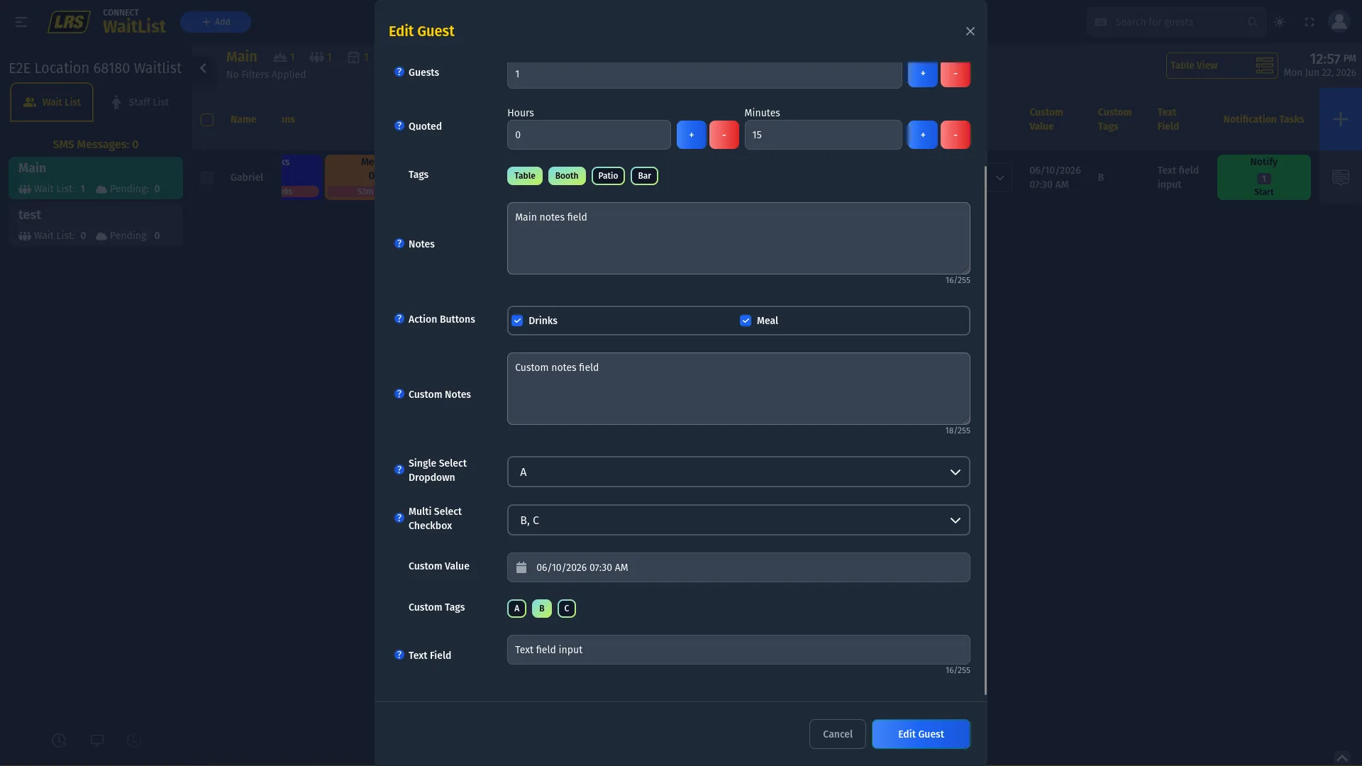 Edit Guest modal showing saved custom values with one Custom Tag selected