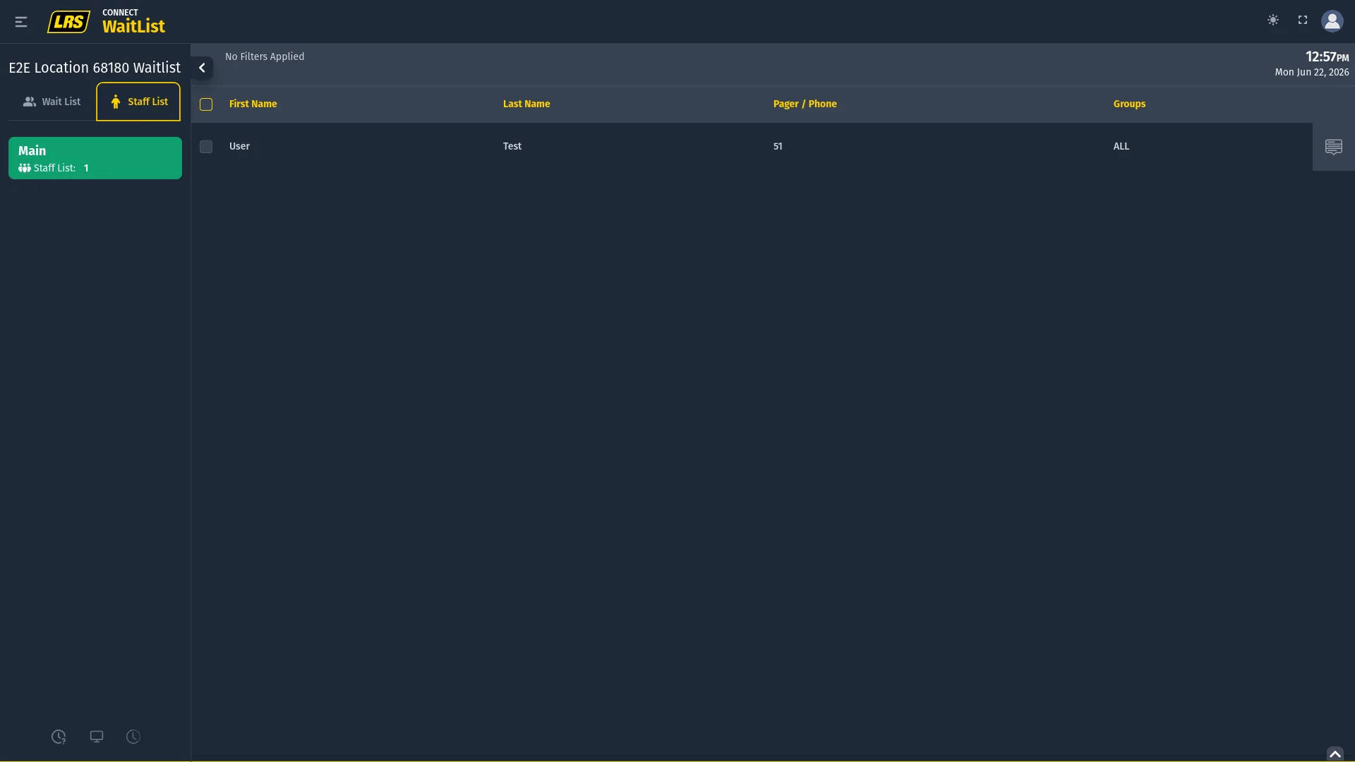 Staff List with contact columns, group membership, and a rightmost row action menu