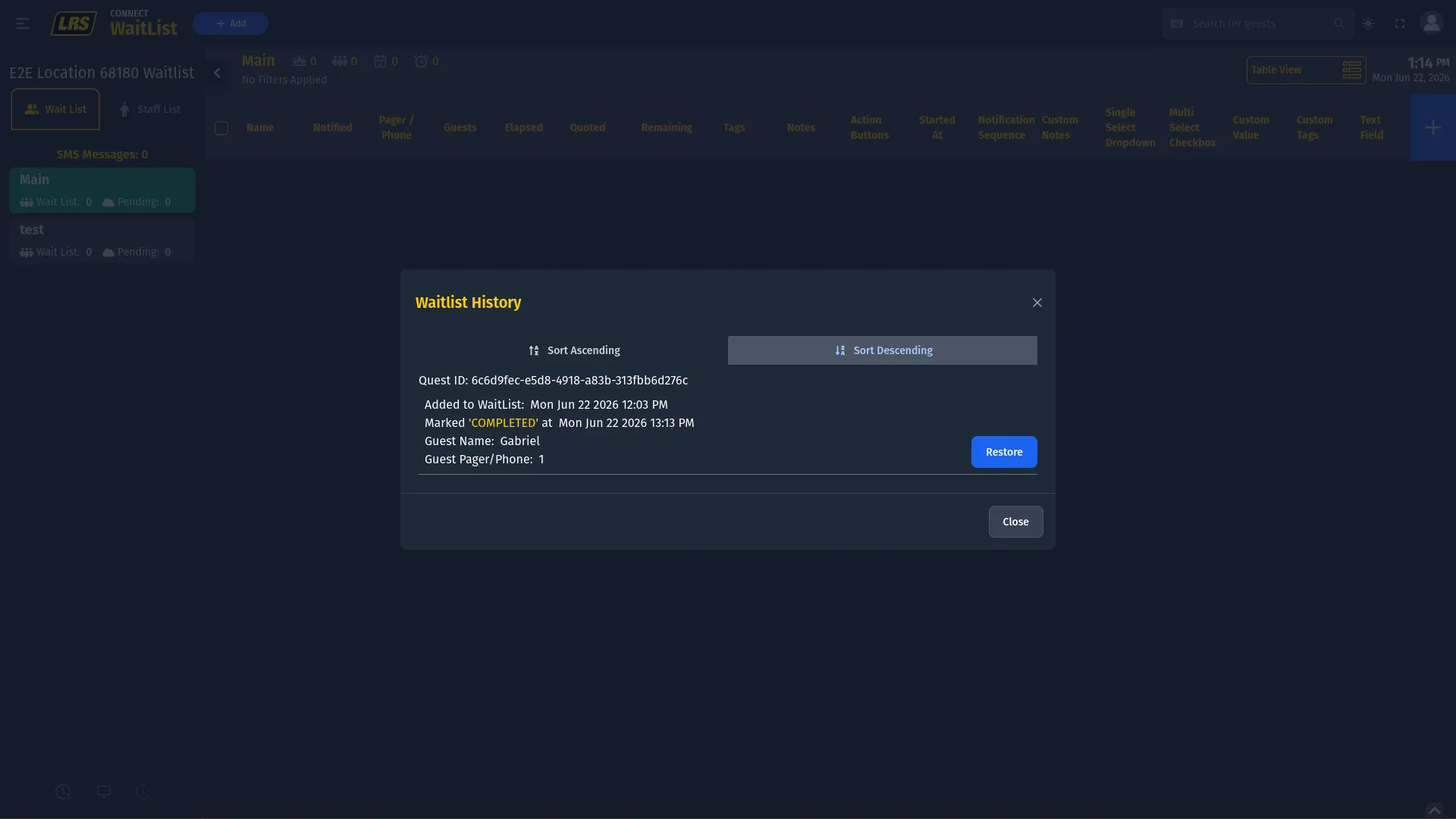 Waitlist History modal showing one entry with Quest ID UUID, Added to WaitList timestamp Monday Jun 22, Marked COMPLETED in yellow at Monday Jun 22 13:13 PM, Guest Name Gabriel, Guest Pager/Phone 1, and a Restore button