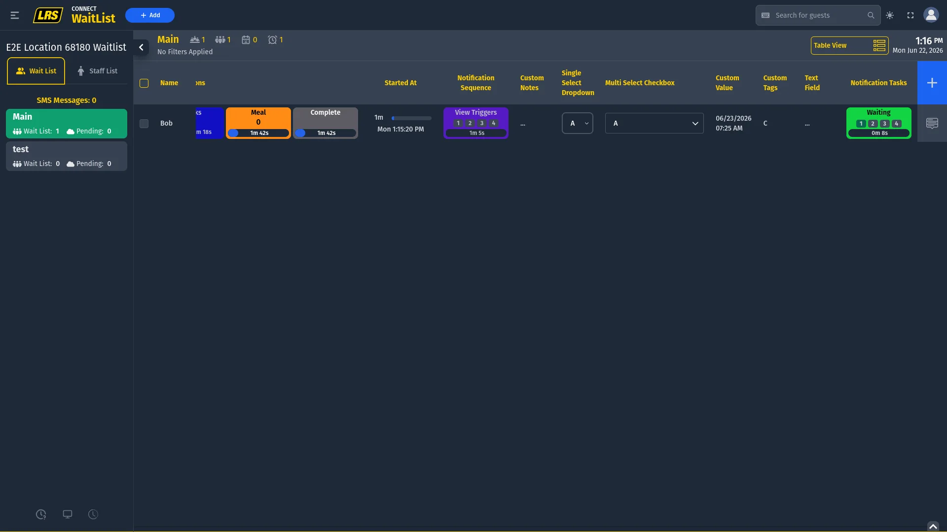 Live waitlist row for Bob showing all custom columns: Action Buttons with Meal orange countdown and Complete, Started At timestamp, Notification Sequence with purple View Triggers button and four numbered dots, Custom Notes ellipsis, Single Select A, Multi Select A, Custom Value date, Custom Tags C, Text Field, and Notification Tasks column showing green Waiting badge with four numbered step dots and a 0m 8s timer