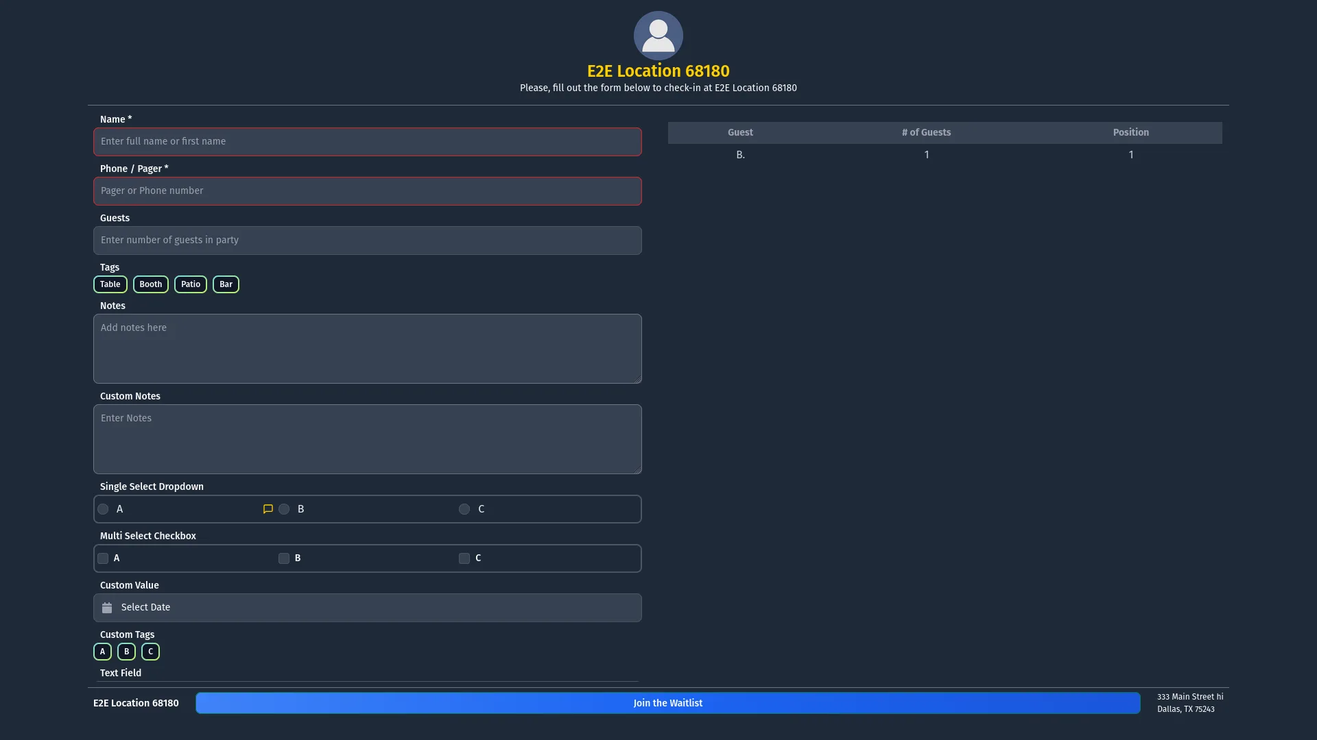 Kiosk form with guest fields and a public initials-based position list