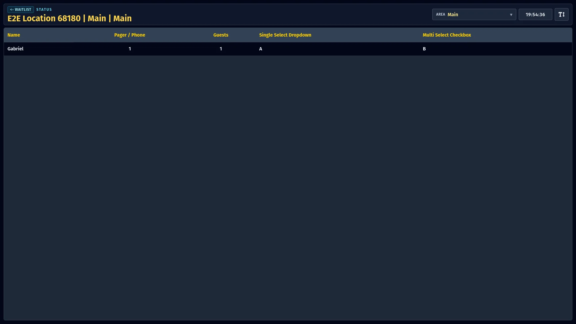 Status screen with a back arrow WAITLIST STATUS breadcrumb in the top left, E2E Location 68180 Main Main title, AREA Main dropdown selector on the right, a live clock showing 19:54:36, a font size button, and one entry row for Gabriel showing Name, Pager/Phone, Guests, Single Select Dropdown, and Multi Select Checkbox columns