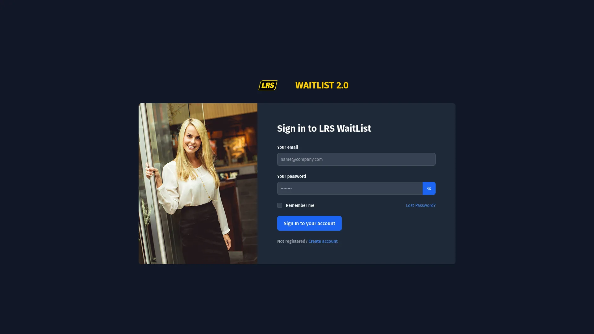 Sign in to LRS WaitList screen with Your email and Your password fields, Remember me checkbox, Lost Password link, Sign in button, and Not registered Create account link