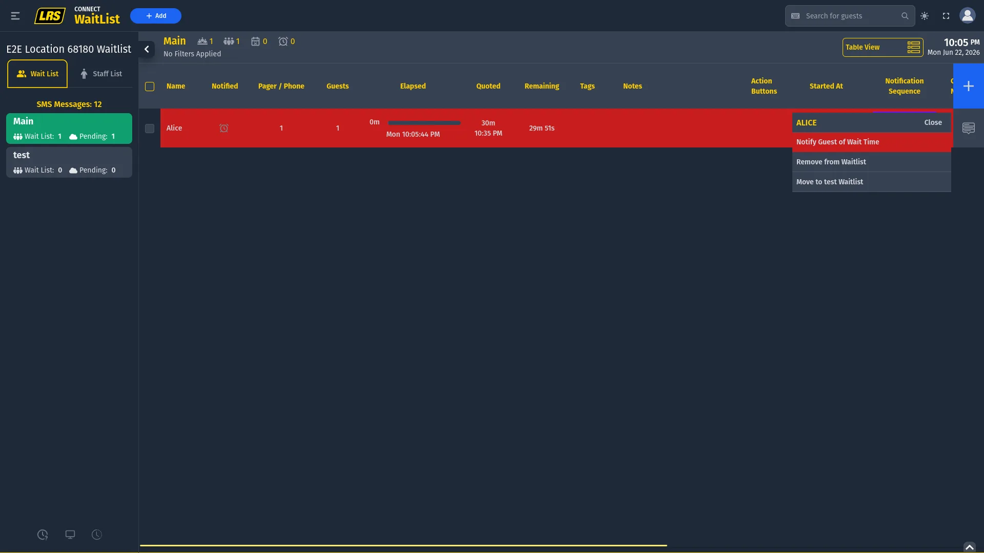 Live waitlist with Alice's entry highlighted entirely in red as Pending, action panel open on the right showing ALICE header, Notify Guest of Wait Time as red primary action, Remove from Waitlist, and Move to test Waitlist options, with SMS Messages 12 visible in the sidebar