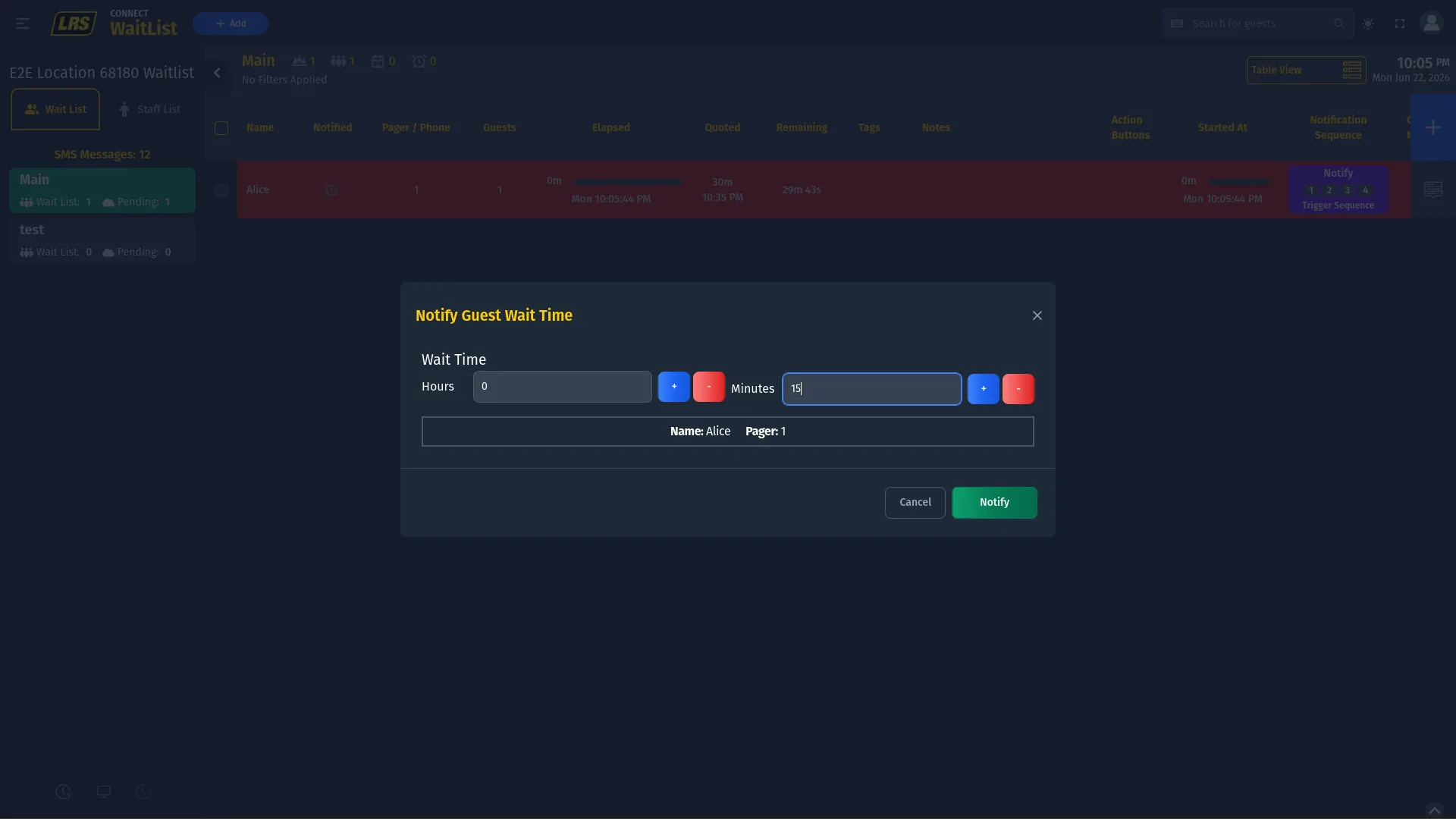 Notify Guest Wait Time modal with Hours 0 and Minutes 15 inputs with plus-minus controls, and a recipient summary row showing Name Alice and Pager 1, with Cancel and green Notify button