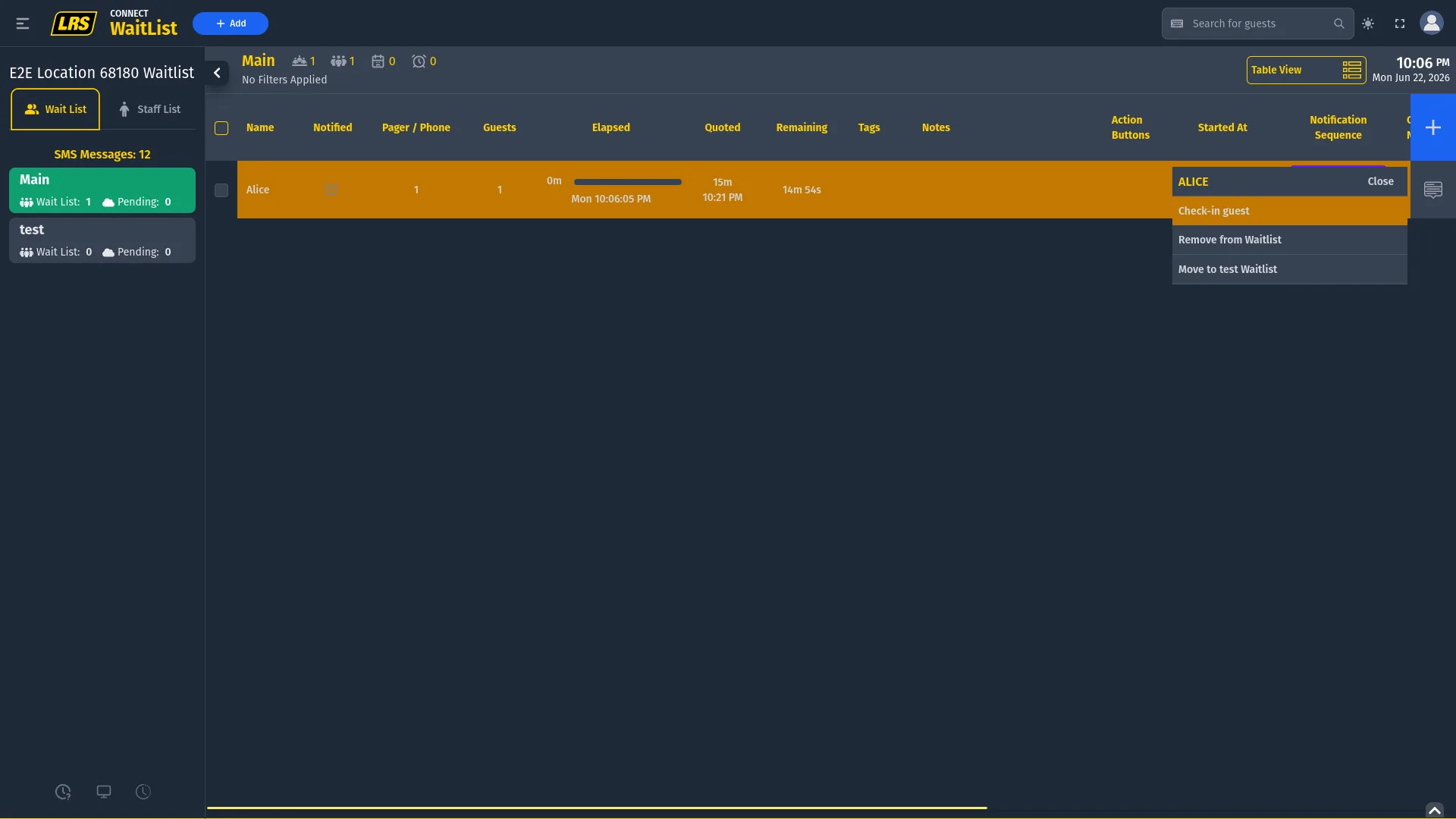 Received Wait Time row with the rightmost action menu open and Check-in guest as the primary action