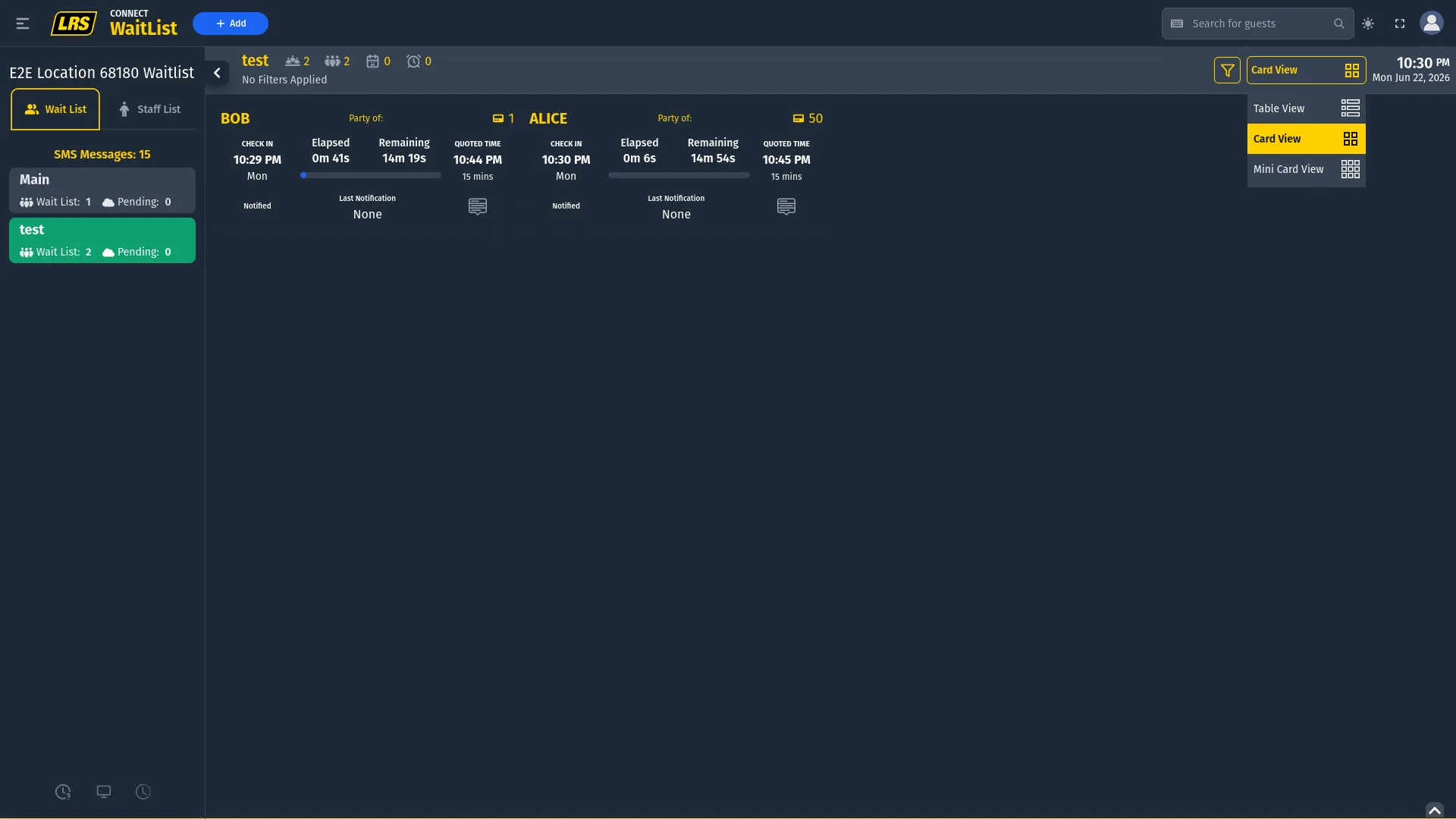 Card View showing two entries, timing information, and a rightmost row action menu