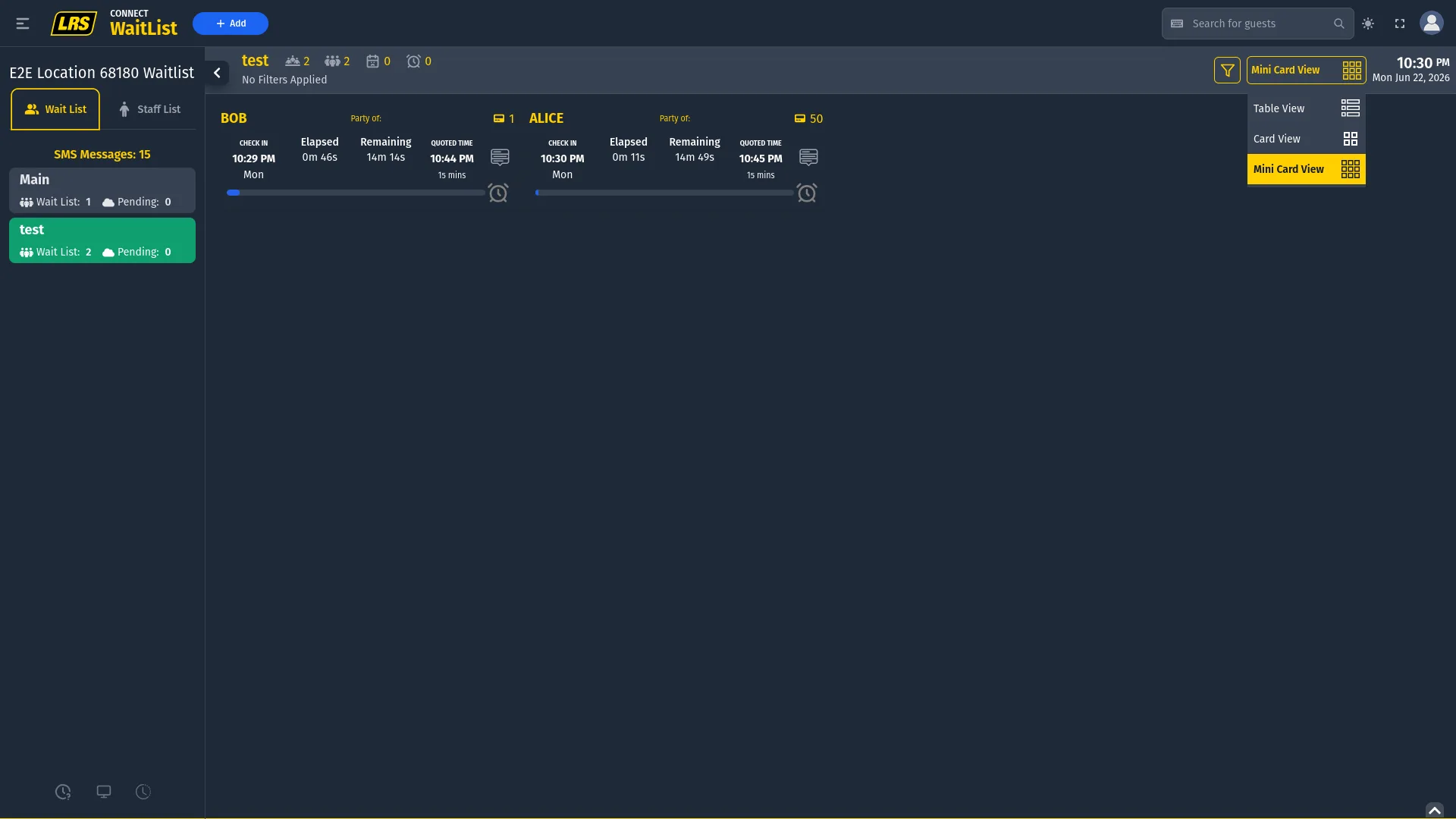 Live waitlist in Mini Card View showing two compact cards for BOB and ALICE with party icon, pager number, CHECK IN time, Elapsed, Remaining, QUOTED TIME, a thin progress bar, and an alarm icon; the view selector dropdown shows Mini Card View highlighted in yellow