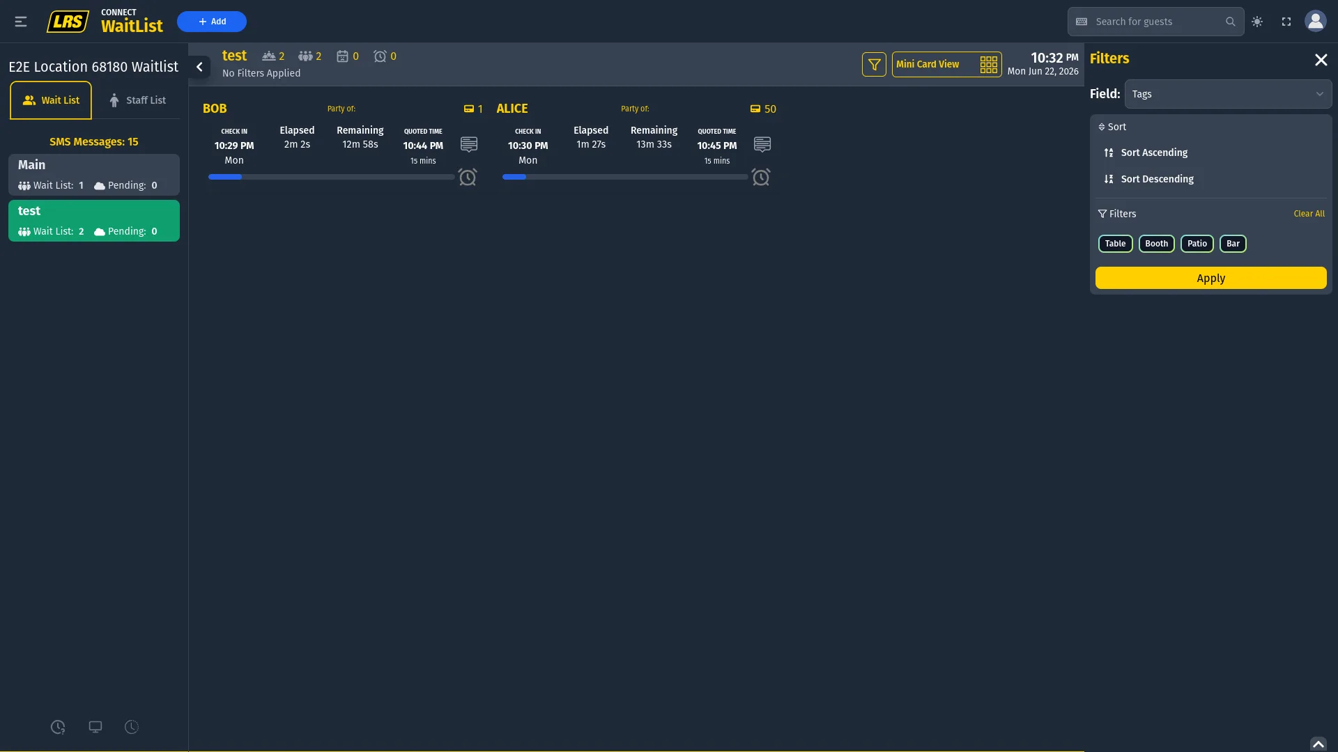 Filters panel open on the right side of the screen in Mini Card View, showing Field dropdown set to Tags, a Sort section with Sort Ascending and Sort Descending options, a Filters section with Clear All link and four tag chips Table Booth Patio Bar, and a yellow Apply button at the bottom; the funnel icon in the top bar is highlighted yellow