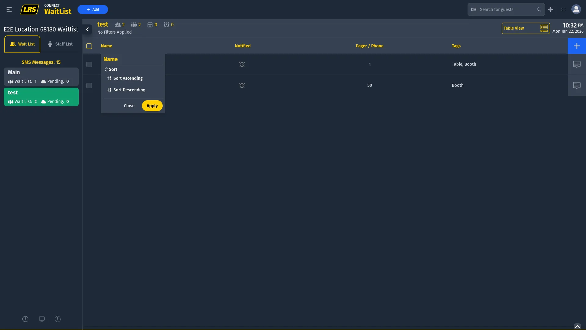 Table View with simplified columns Name, Notified, Pager/Phone, Tags showing two entries; a popup anchored to the Name column header displays Sort, Sort Ascending, Sort Descending options, a Close button, and a yellow Apply button